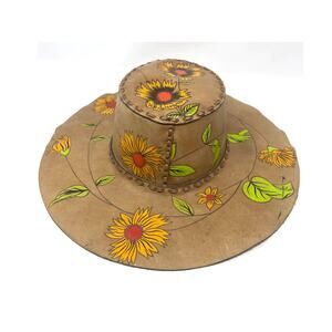 Vintage Leather Stitch Hand Painted Sunflower Wide Brim Ladies Hat ~AMAZING OOAK